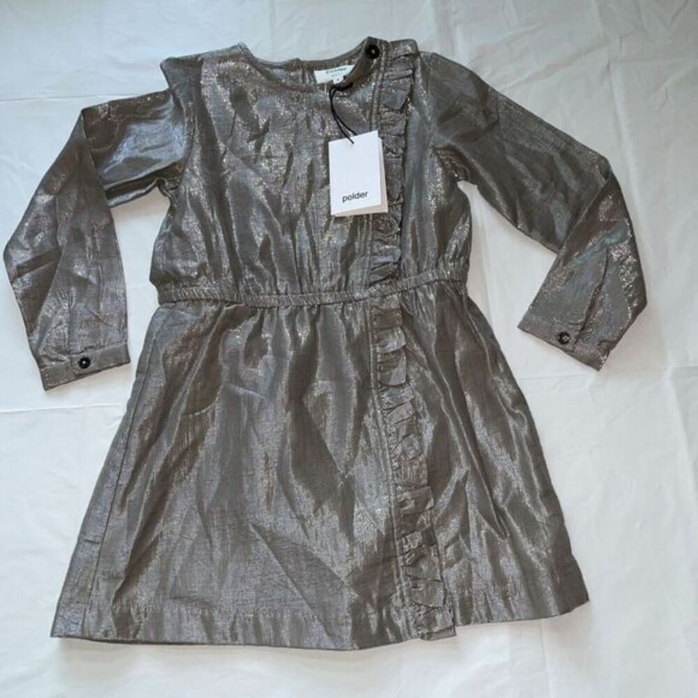 Polder Girl Celia Silver Gray Long Sleeve Dress Ruffled  Trim Size 6 NWT‎